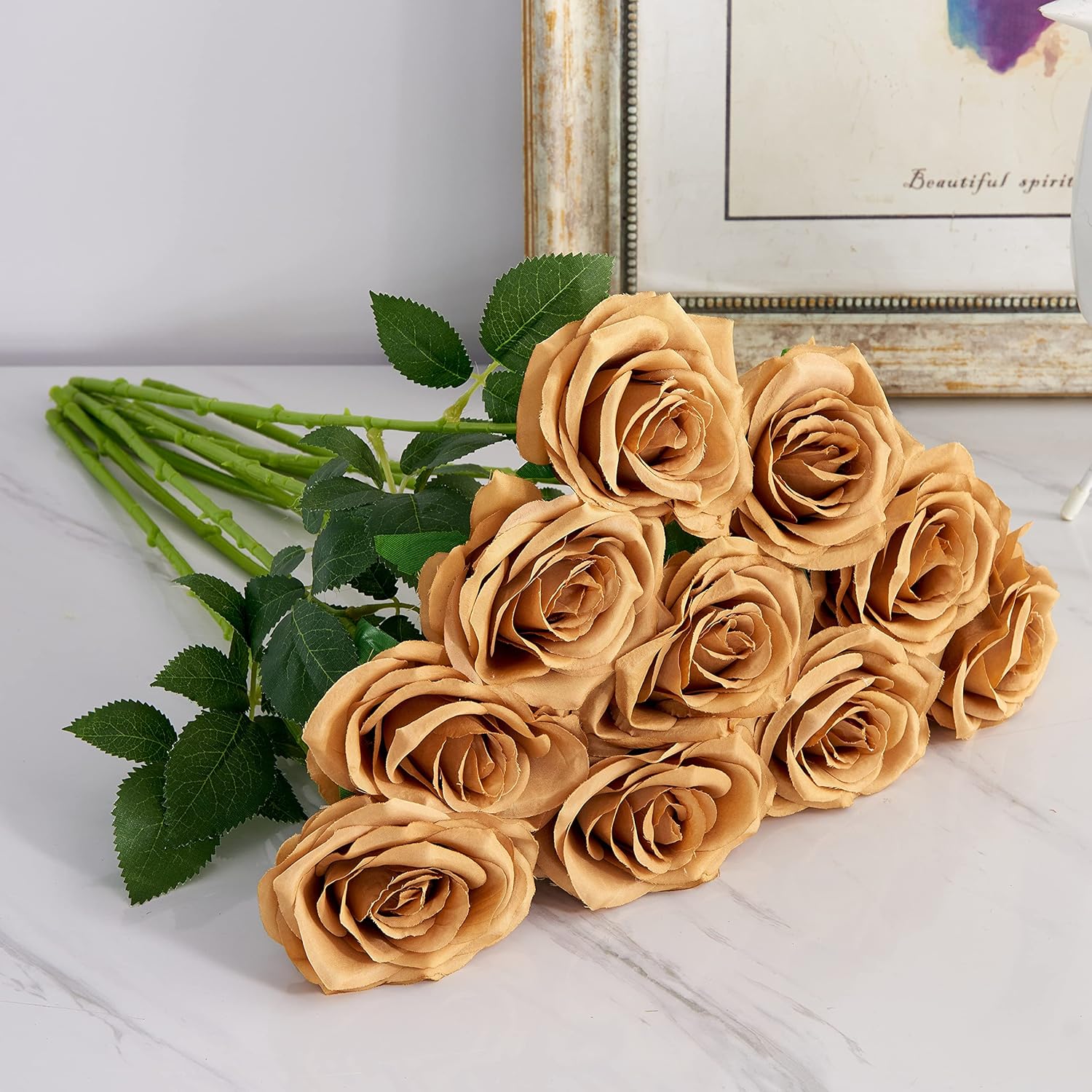 Artificial Rose 10pcs Open Flower Bouquet Faux Rose Stems for Wedding Arrangement, Bridal Bouquet, Centerpiece, Fake Faux Silk Flowers (Toffee) - Image 5