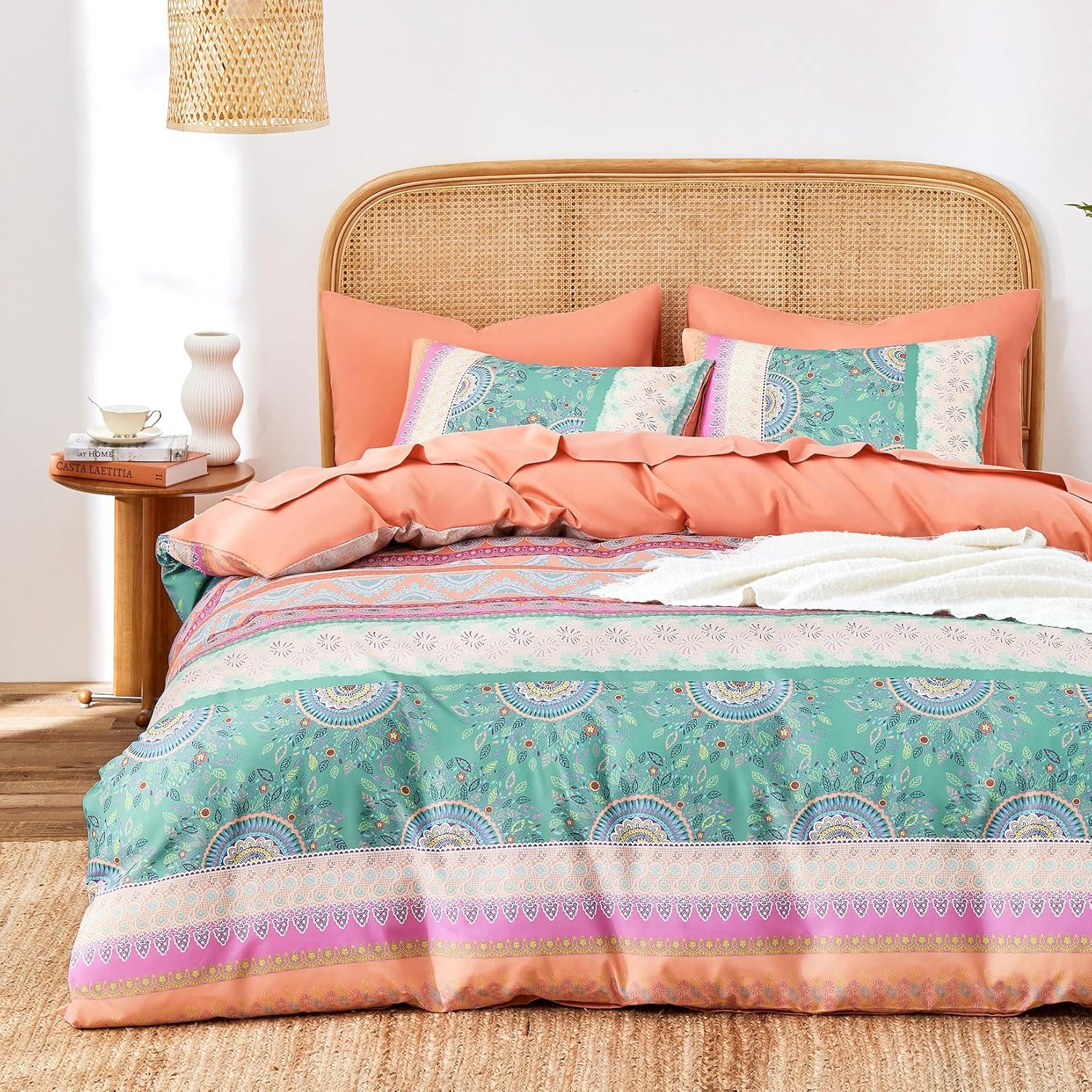 Wake In Cloud - Boho Comforter Set, Bohemian Chic Colorful Medallion with Geometric Botanical Flowers and Horizontal Stripes, Soft Lightweight Bedding, 3 Pieces, Coral Green, Queen Size