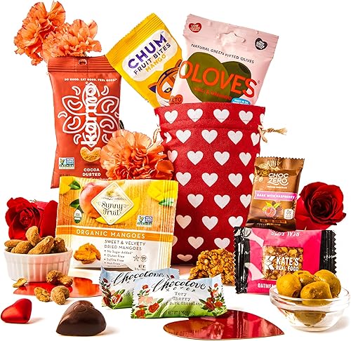 Bolsa de regalo saludable surtido de golosinas saludables con dulces, aperitivos de frutas y más en una bonita bolsa de corazón para el día de la