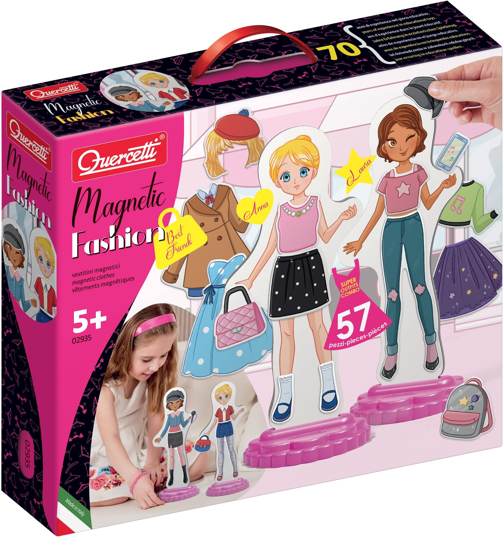 Quercetti Magnetic Fashion Dress-Up Dolls - Best Friends Set with 2 Cut-Out Dolls, 57 Pieces, Designed for Kids Ages 5-9 Years