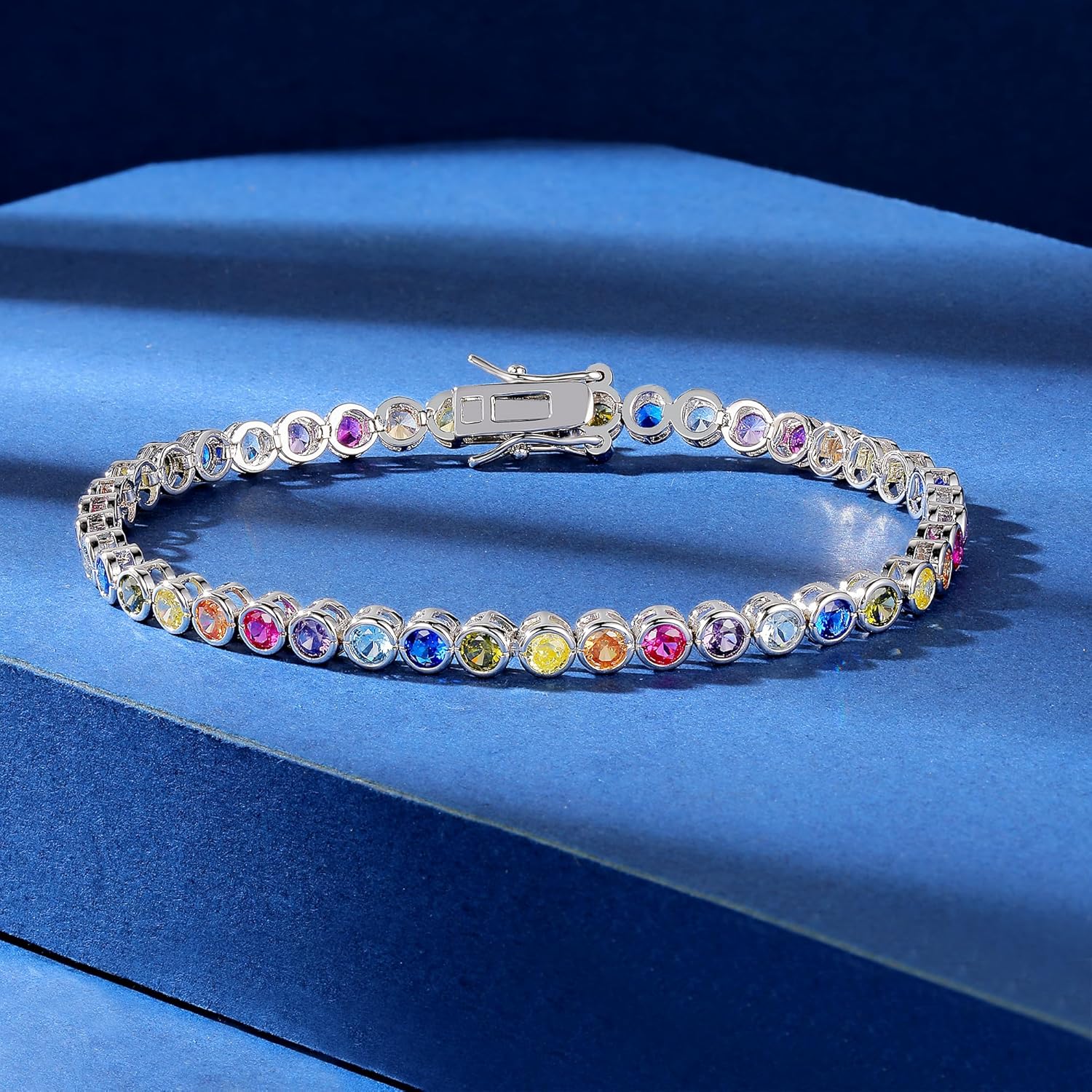 Gemsme 3.0mm Colorful Tennis Link Bracelet, 18K White/Yellow Gold Plated Bezel-Set 3MM Cubic Zirconia Rainbow Tennis Bracelet for Women 6-8.5 Inches - Image 2