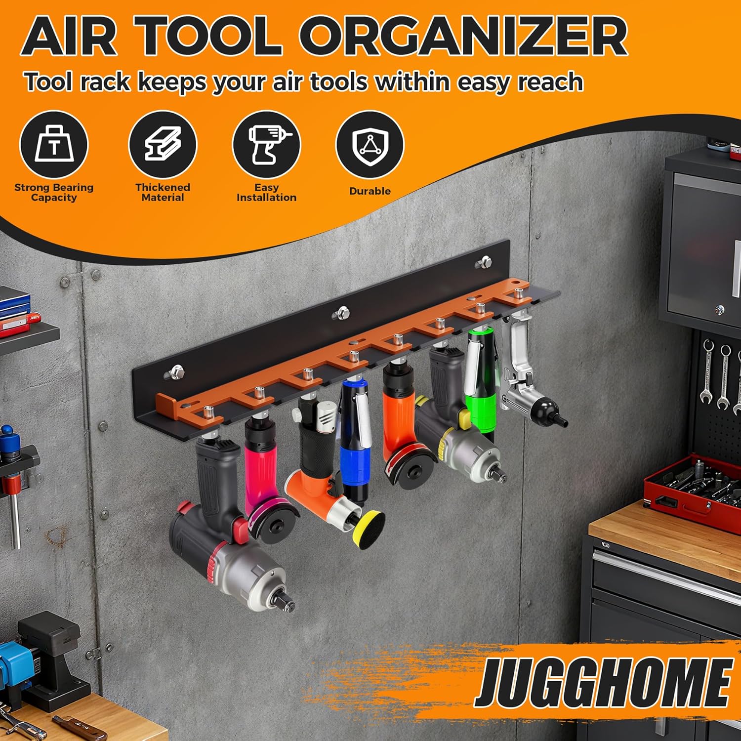 Air Tool Pneumatic Tool Holder,Wall Mount Air Tool Rack,Lockable Air Tool Hanger for Garage Shop Storage Organize,Fit 1/4" Standard Connection Accessories,Comes with Eight Slots