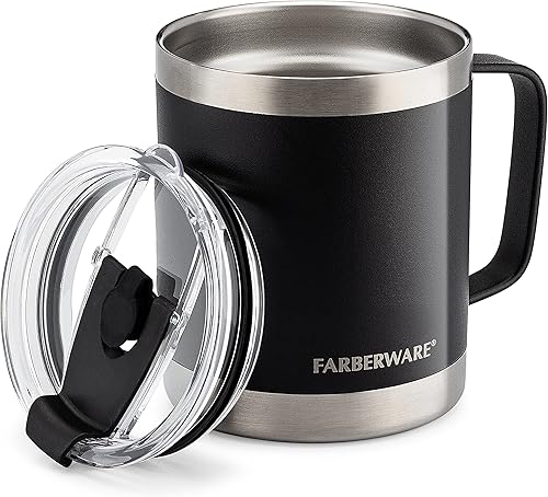 Farberware Taza de acero inoxidable con tapa y asa, 12 horas de frío, 6 horas de calor, doble pared aislada, diseño sin sudor, apta para