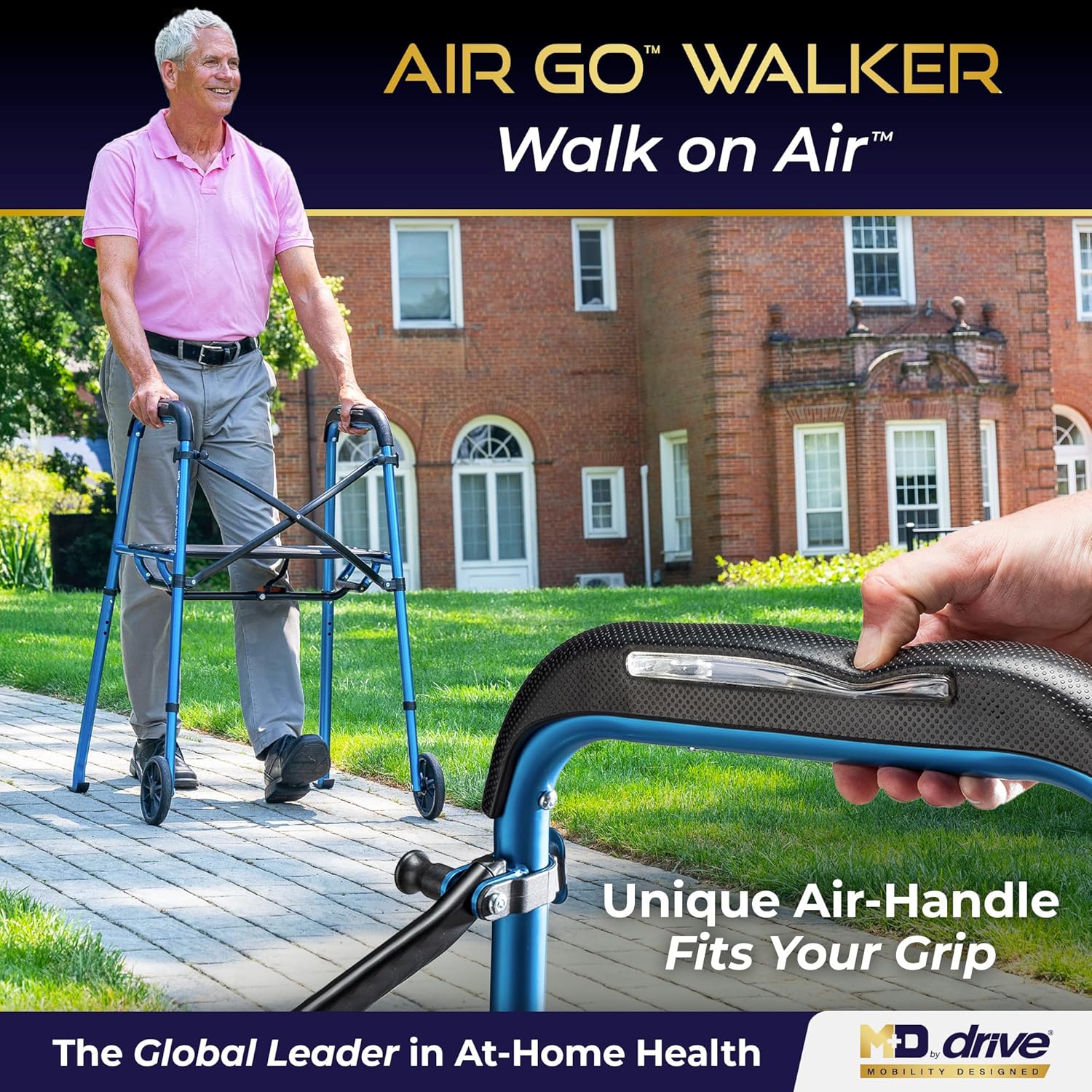 air-go foldable walker with seat, rollator walkers for seniors with airgonomic grips, adjustable height 4'9"-6'7", 300 lb capacity, blue