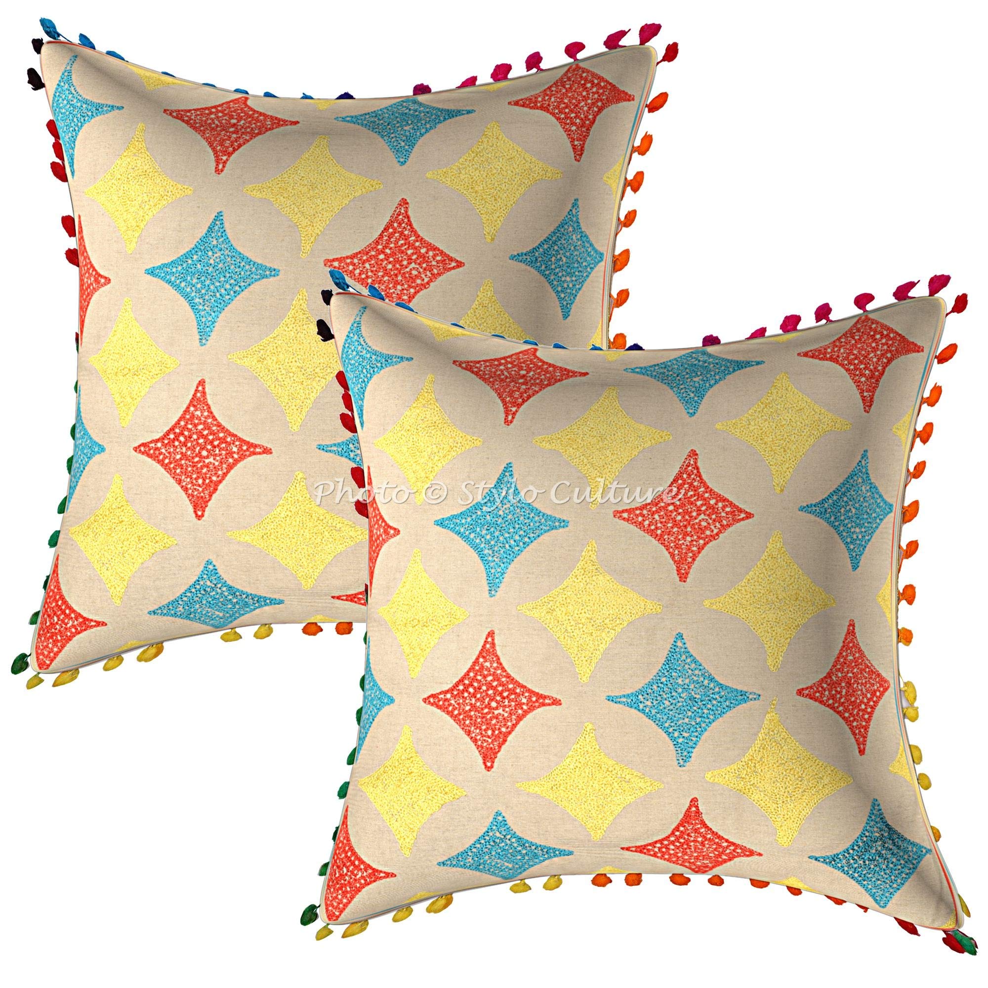 Stylo Culture Etnico Fodere Per Cuscini 40x40 cm Decorativi Stile Bohemien Geometrico Pizzo Con Pompon Ricamato In Spugna Multicolore Quadrato Cerniera Federe Per Cuscino Letto - 2 pezzi