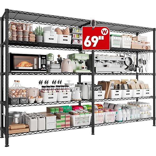 REIBII 69" W Storage Shelves,Wire Shelving Load 1600LB Metal Shelves for Storage 5-Tier Heavy Duty Shelving Unit with Shelf Adjustable Garage Shelving Rack Pantry Kitchen 69" W x 72.5" H x 15.75" D