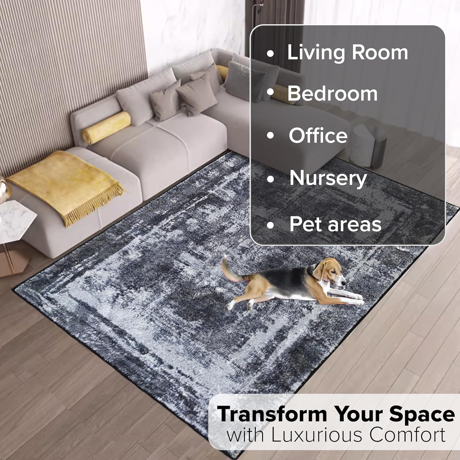 Hudson Comfort 6x8 Area Rug - Faux Cashmere with TPR Anti Slip Washable Backing - Pile Height 6mm for Super Softness - Long Lasting Pet Friendly and Machine Washable - Variety of Colors (Black)