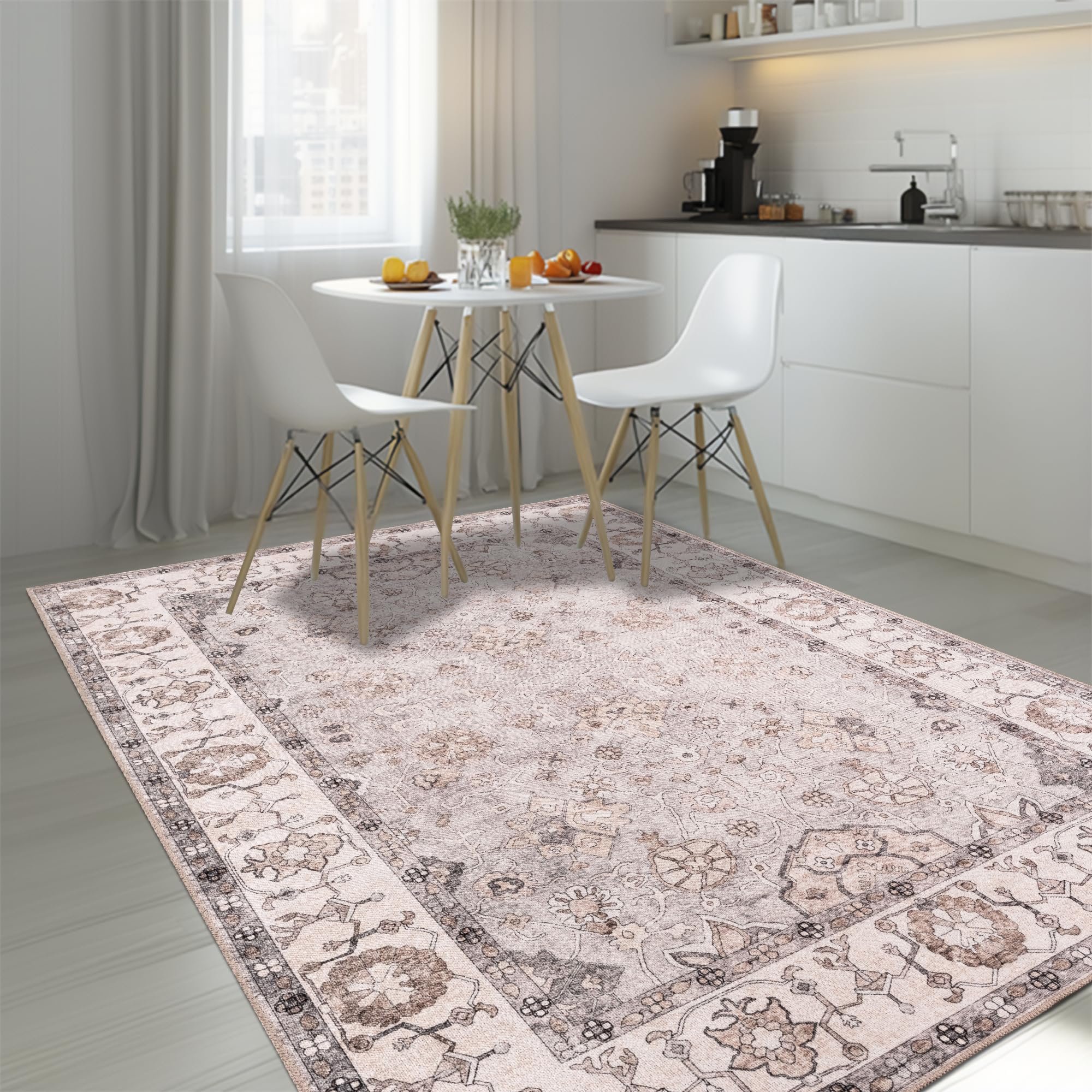 homeart Grand tapis lavable en machine - 67 % coton - Avec envers antidérapant - Ne perd pas ses poils - Pour salon, chambre à coucher, cuisine, salle à manger, couloir - Motif floral crème gris 200 x