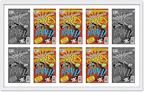 Miniatura 1 de Marco de cómics de collage blanco con paspartú blanco para mostrar 10 cómics de la Edad Dorada con acrílico UV, respaldo y accesorios para colgar
