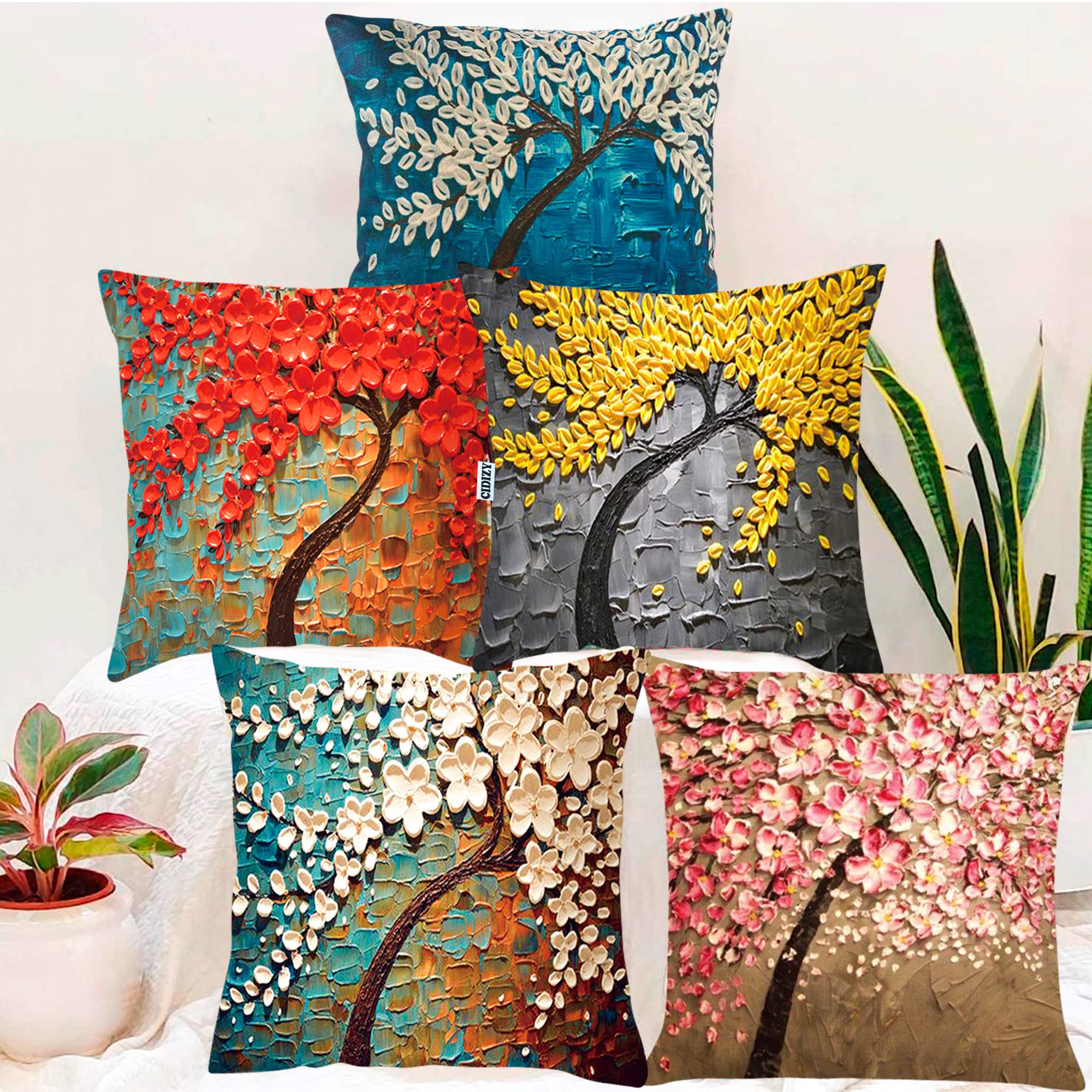 CIDIZYJute Tree Floral Cushion Covers, 18 x 18 Inch, Multicolour, Set of 5