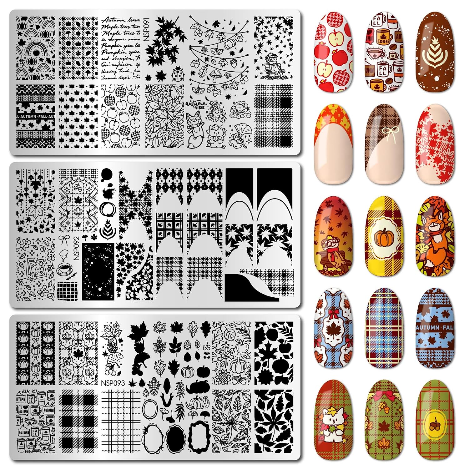 Fall & Thanksgiving Nail Stamping Plates Set of 3 - Leaf Backgrounds, Plaid French Tips, Leaves Silhouettes & Layered Details for Autumn Nail Art Manicure Salon Supply