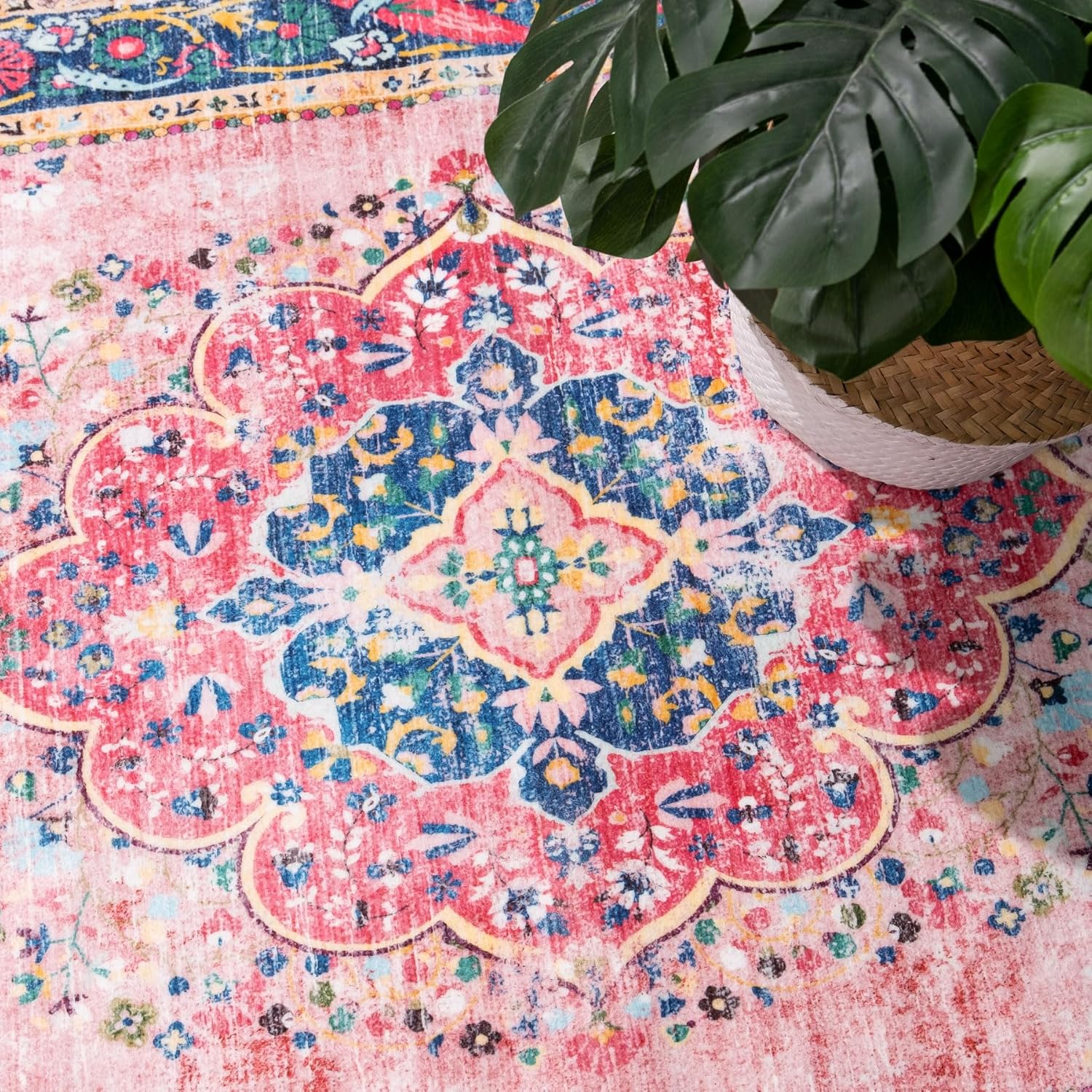 Boho Rug 3x5 Pink Small Area Rug Washable Vintage Rug for Kitchen Living Room Bedroom Bathroom Office Low Pile Non Slip Indoor Floor Carpet