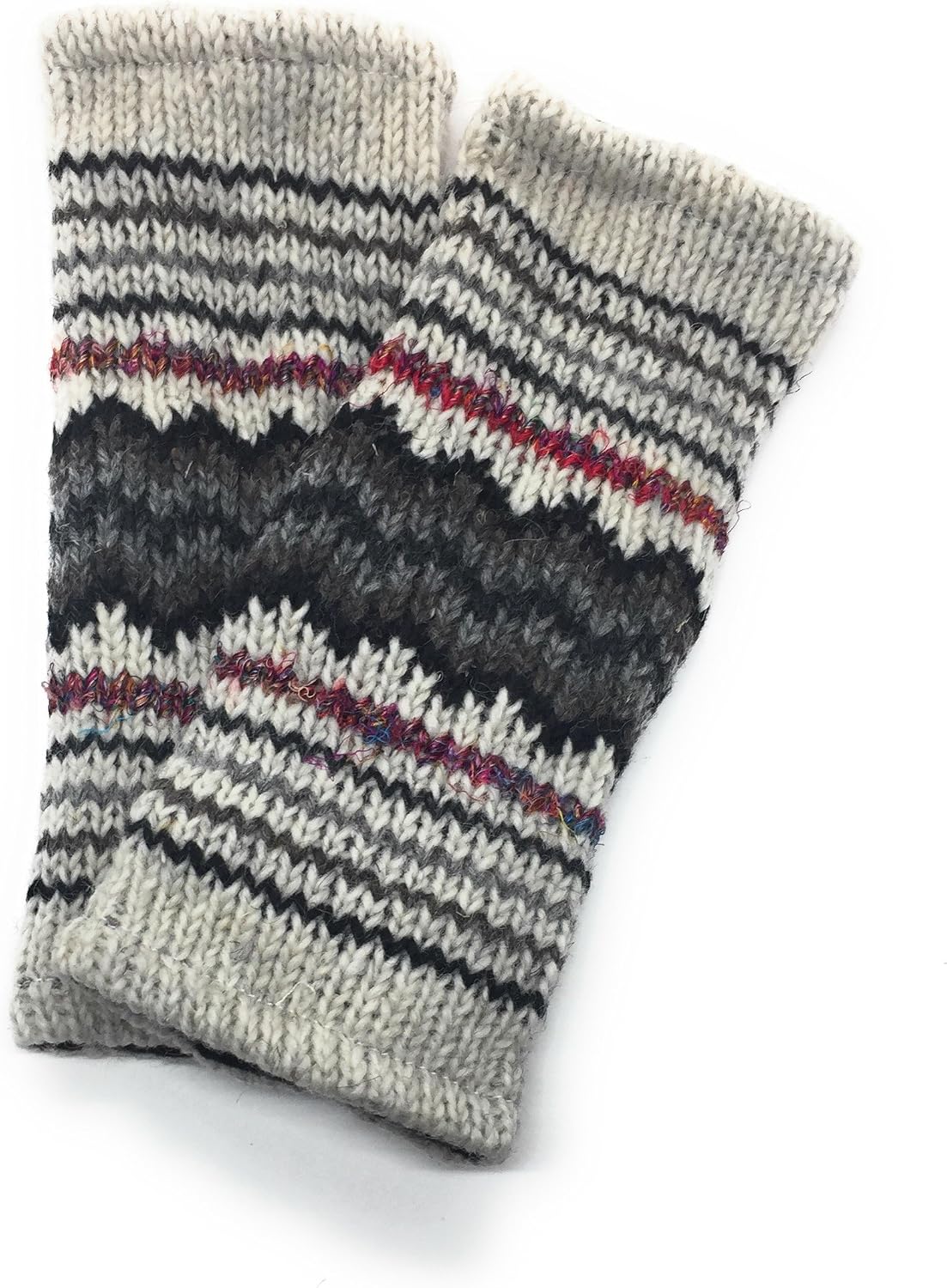 Hand Knit Fingerless Winter Striped Texting Gloves Warm Wool Fleece Lined