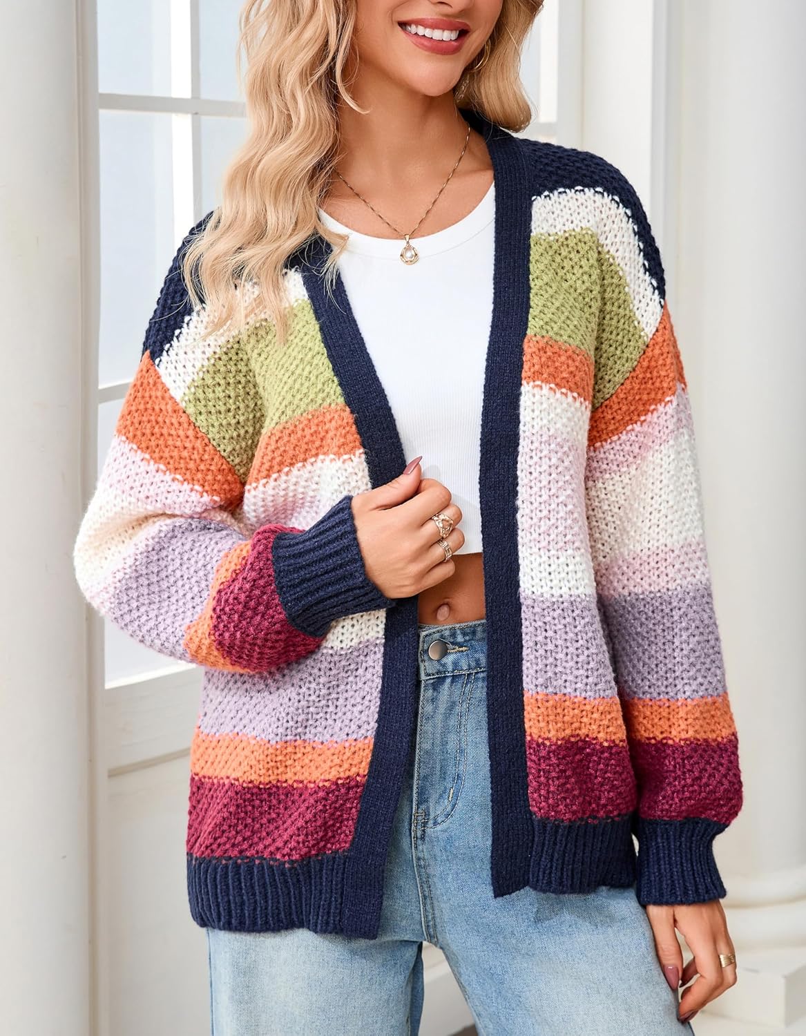 Womens Striped Chunky Cardigan Sweaters Oversized Open Front Trendy Long Sleeve Color Block Knit Sweater Coats - Image 4