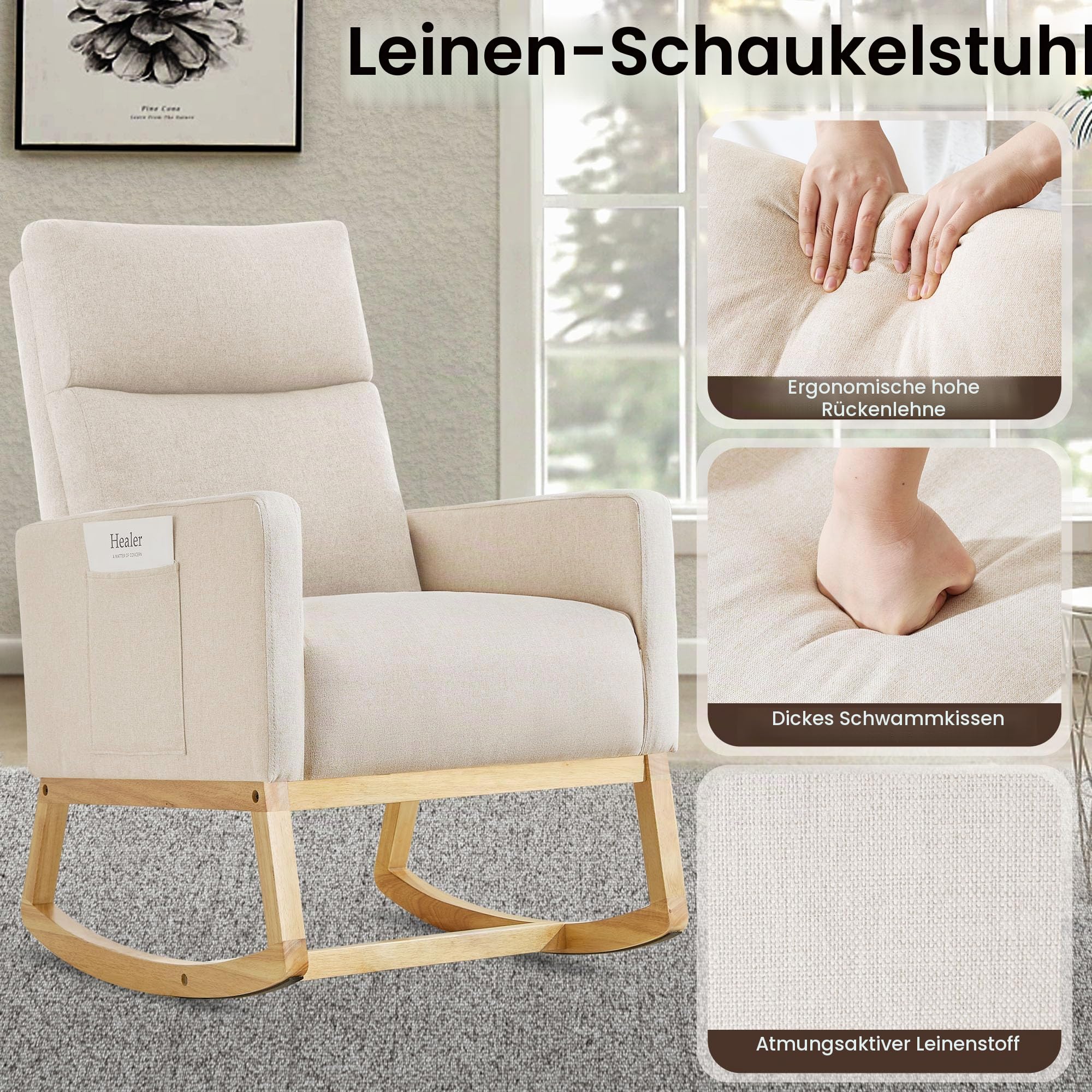 Schaukelstuhl Stillsessel Schaukelsessel, Gepolsterter Stillstuhl mit Holzbeinen & Seitentaschen, Hochlehner Stillen Sessel für Wohnzimmer, Schlafzimmer, Babyzimmer