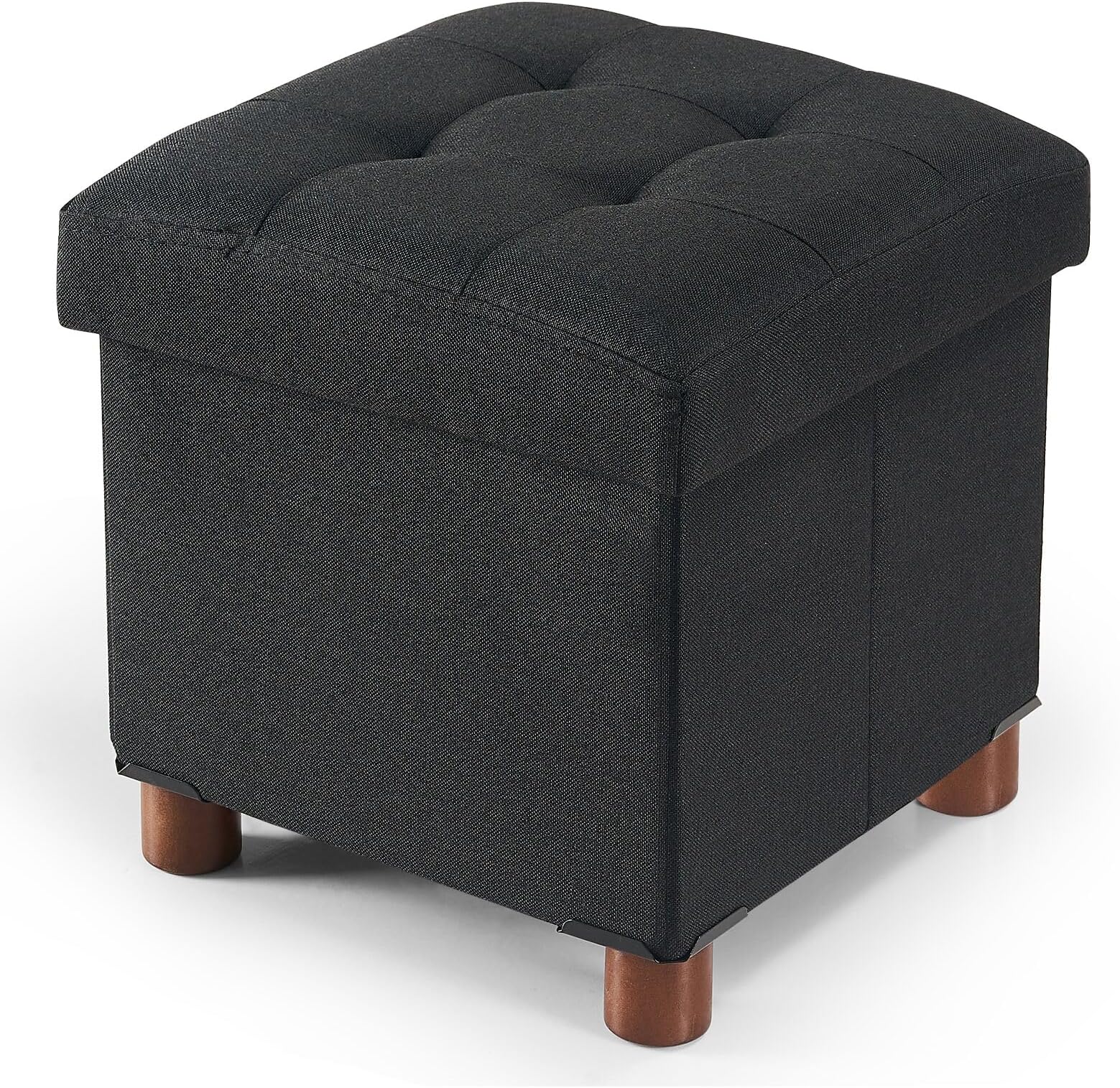 BRIAN & DANY Small Ottoman Storage Box 32x32x32.5cm, Linen Foot Stool with Wood Legs, Footstool with Lid for Livingroom Bedroom, Black