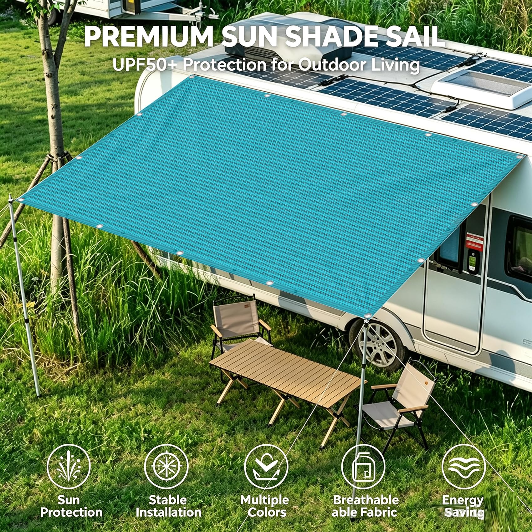 Sonnensegel mit Ösen 2 x 2.2 m 100% Polyester Uv-Beständiges, Wetterfest, Ohne Bohren, Leicht Haltbarkeit, Outdoor Schattierungsnetz Balkon mit Ösen für Balkon Terrasse, Blau