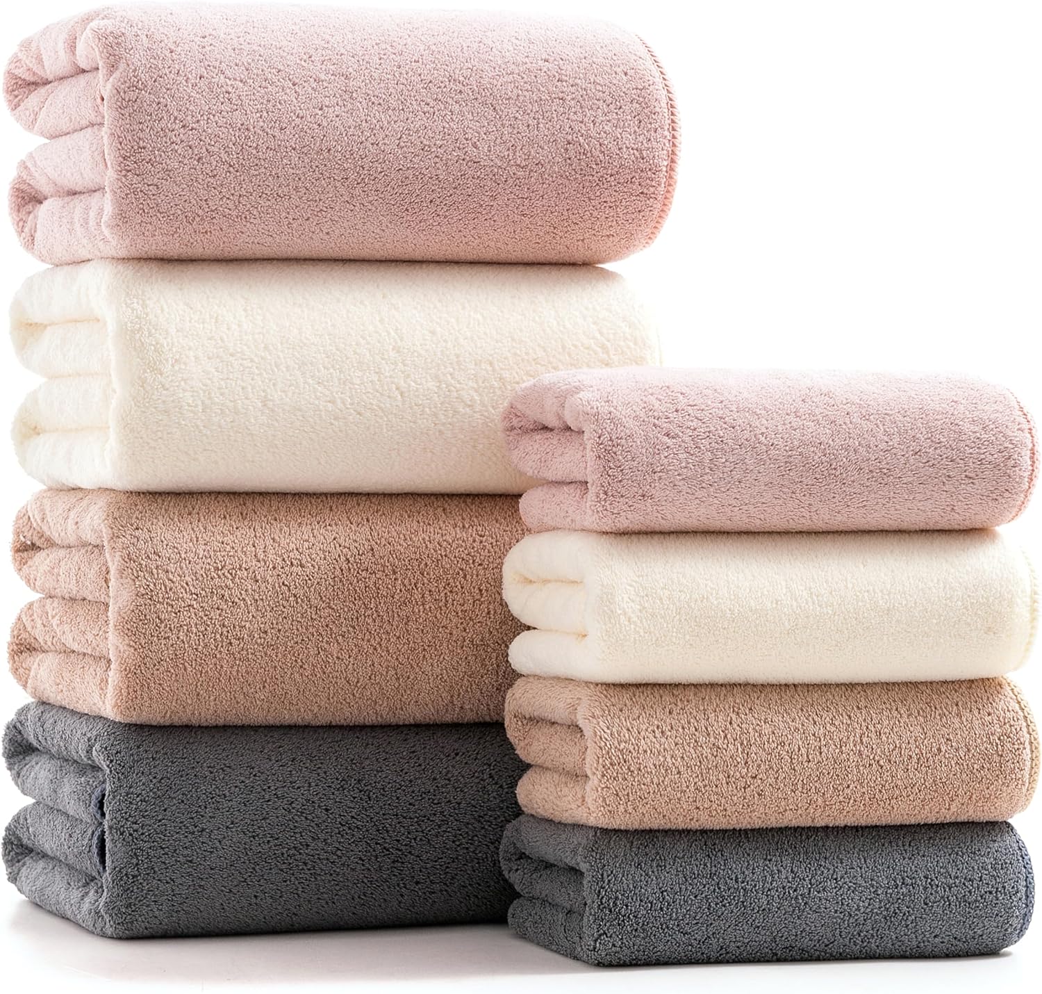 sakano Family Sized 8 Piece Towel Bundle, 4 Bath Towels and 4 Hand Towels, Mixed Color, Ultra Absorbent Soft, Fade-Resistant Lint-Free, Great for Daily Use and Spa - Pink+White+Khaki+Dark Grey