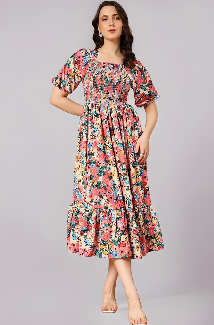 Buy CJK-Women's Casual Flower Print Puff Sleeve Maxi Dress