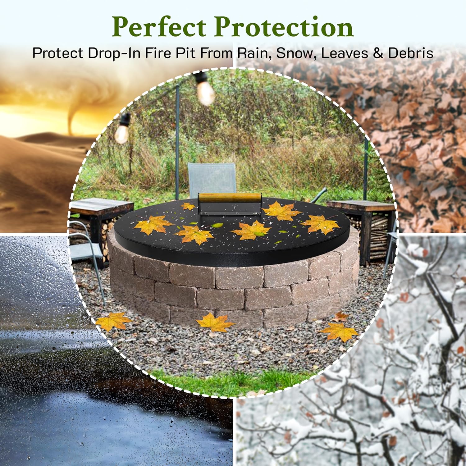 30” Round Fire Pit Lid – Powder Coated fire pit cover round metal for Outdoor Fireplace -16 Gauge Steel Flat Fire Pit Burner Pan Cover with Wooden Handle Snuffer Lid for Round Patio Fire Pit Ring