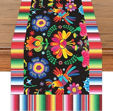 72 x 13 Inches Mexican Fiesta Table Runner, Linen Burlap Table Decor with Floral and Serape Stripe for Cinco de Mayo, Taco Night, Birthdays, Day of the Dead, Mexican-Themed Party Supplies