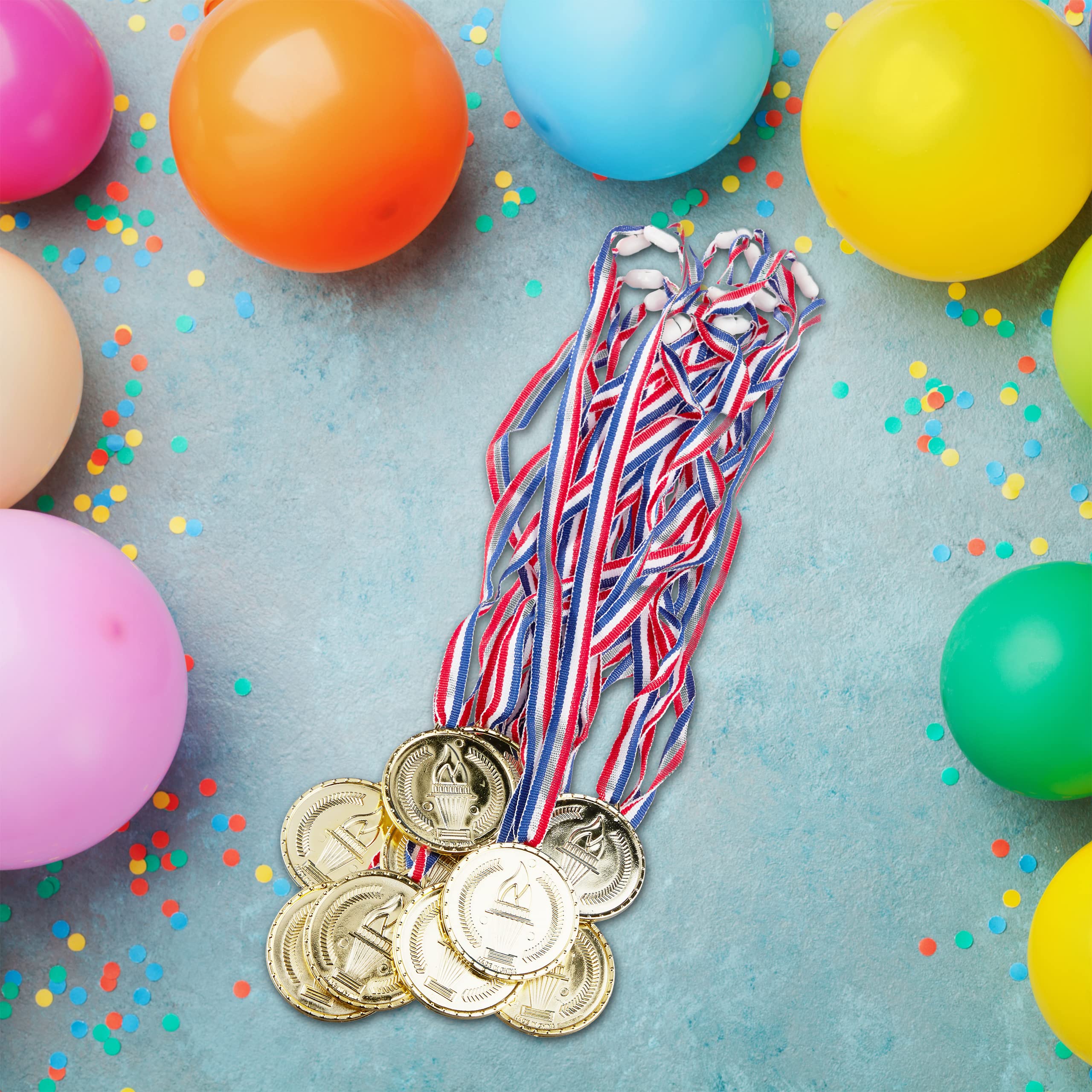Relaxdays Złoty medal dla dzieci, zestaw 12 sztuk, wstążka, pochodnia, wyróżnienie za nagrodę za zdobywcę, zestaw medali, 5 cm Ø, plastik, złoty