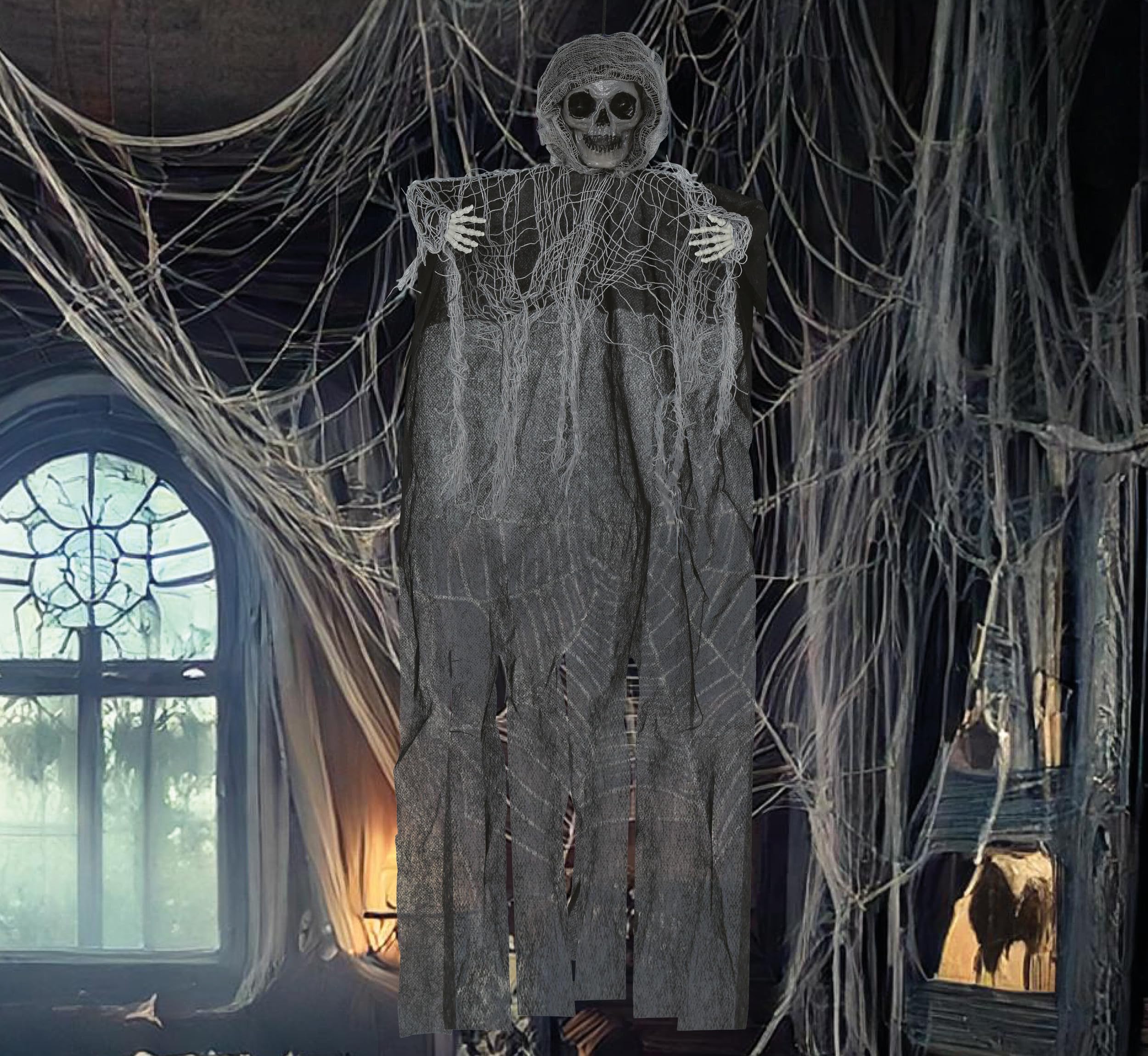 FIESTAS GUIRCA | Hanging Skeleton with Tunic (23.6 in) - Halloween Decoration for Parties and Horror Celebrations - Ideal for Scary Environments and Skeleton Themes - Grey