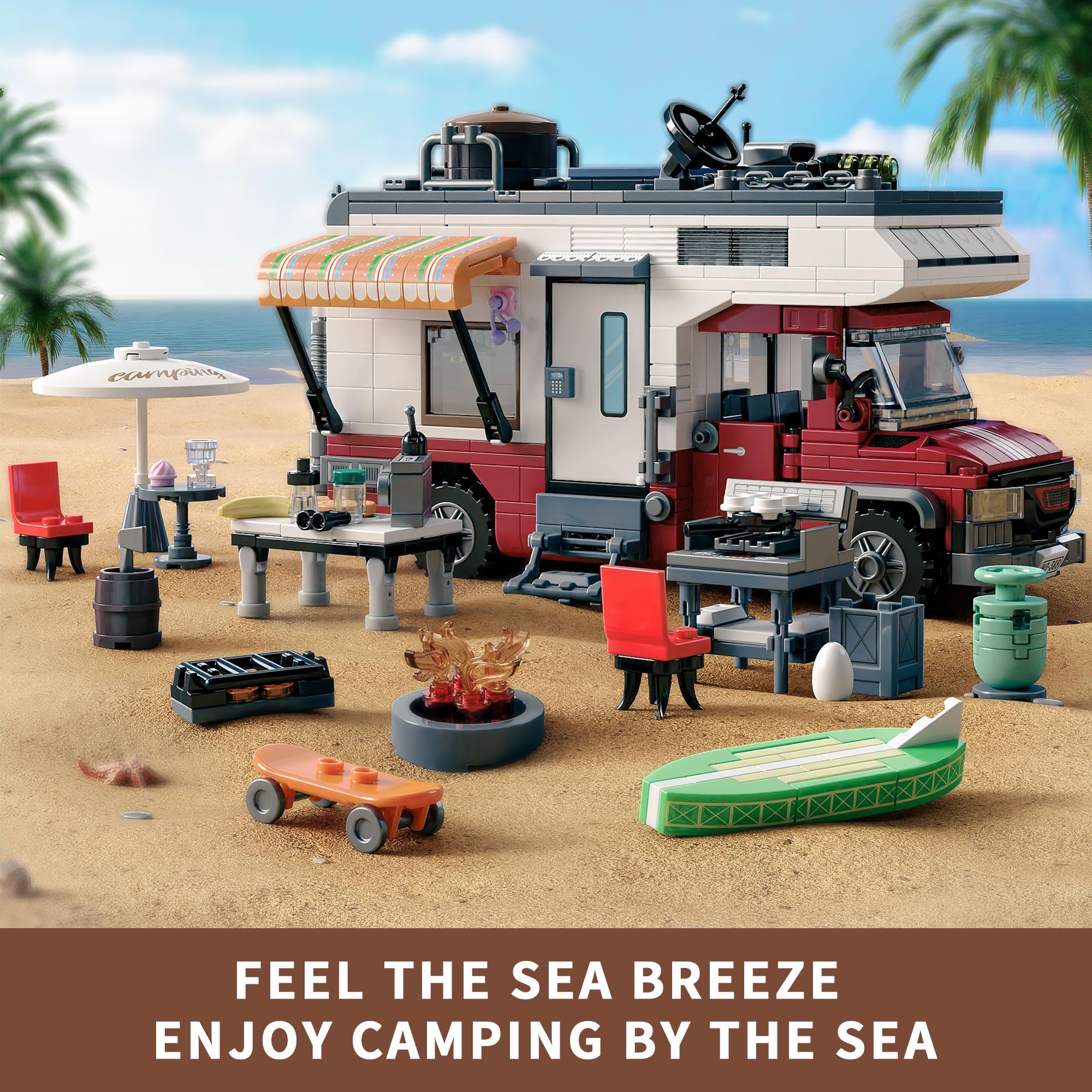 TYCOLE Jeu de Construction Véhicule de Camping Car 880 Pièces | Maquette Voiture d'Aventures City avec Lumières et Accessoires Créative Cadeau Jouet pour Enfants Garçons Filles Dès 6 Ans