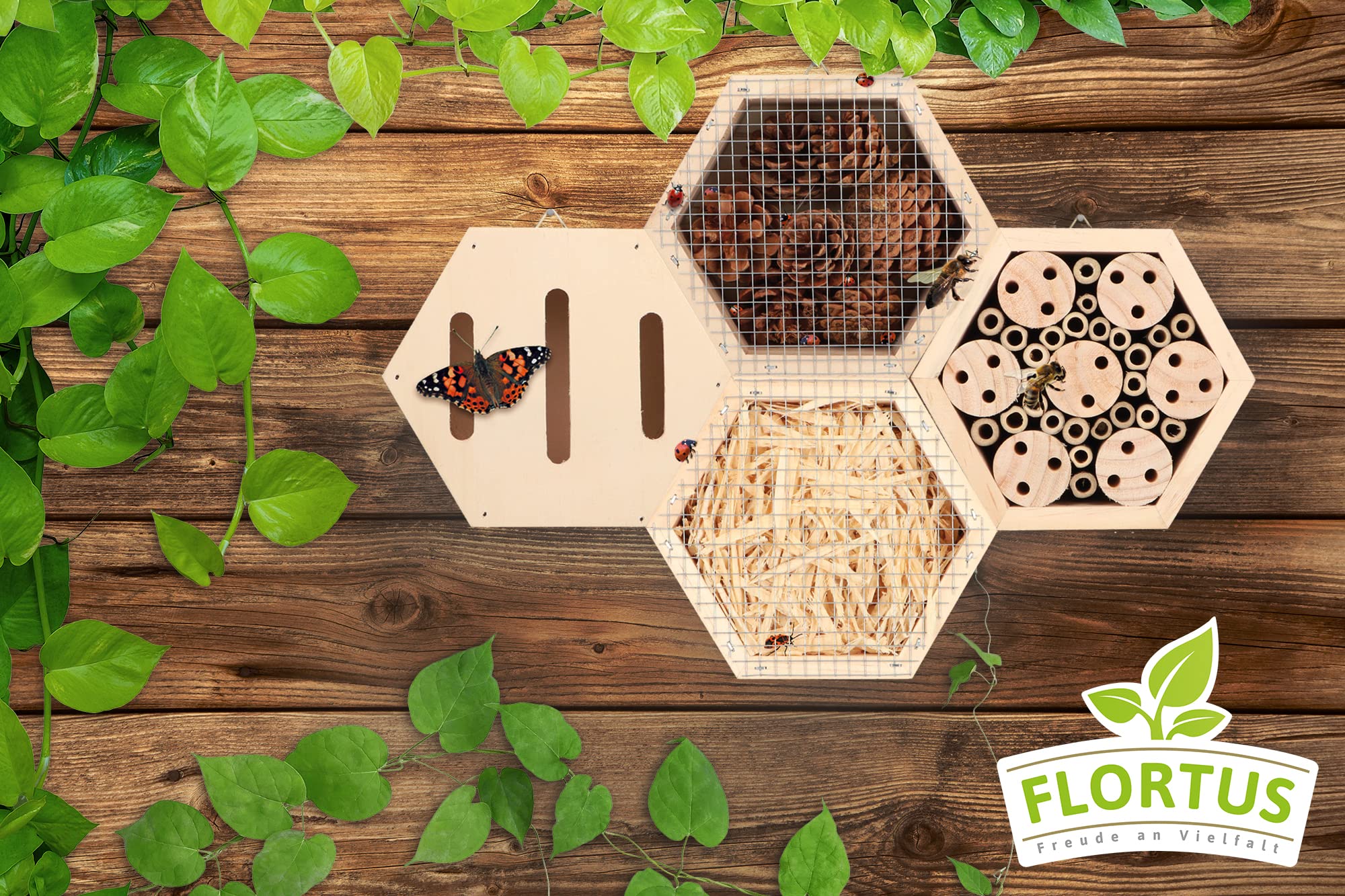FLORTUS Insektenhotel Set | Bienenhotel Schmetterlingshaus und Marienkäferhaus | Insektenhotels kombinierbar für Garten, Balkon und Terrasse