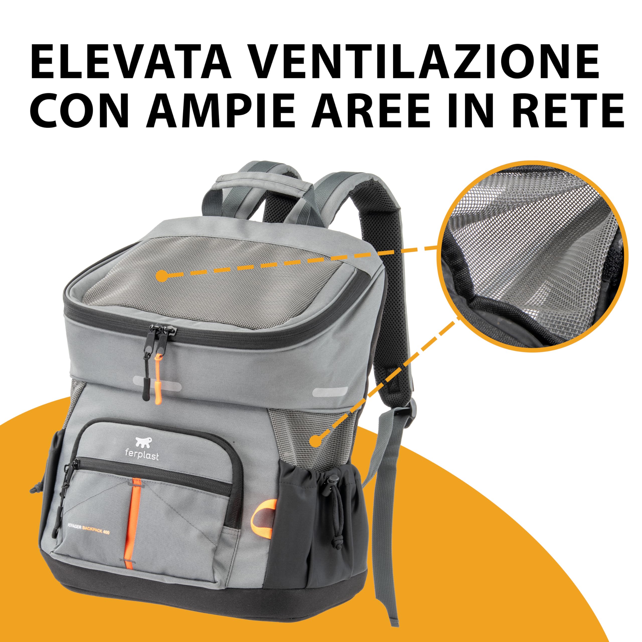 Ferplast Zaino per Cani VOYAGER BACKPACK, Trasportino Gatto, Trasportino Cani, Ampia Apertura, Cinghie Regolabili, Cinghia di Sicurezza, con Cuscino, Max 10 kg, 33x23x41H, Grigio