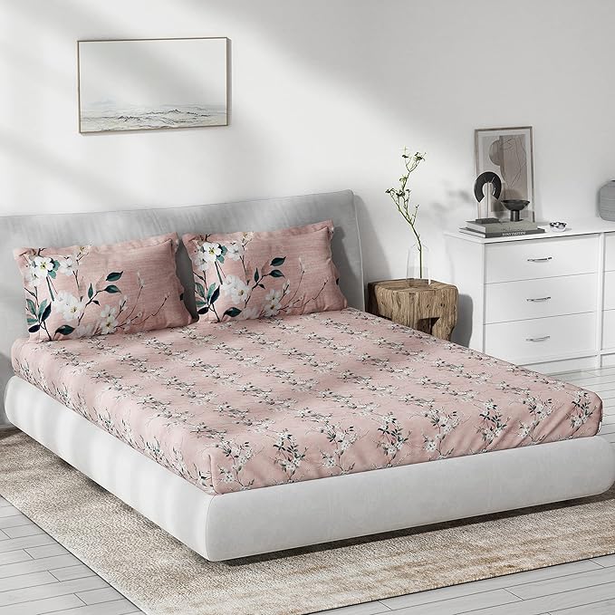 DDECOR - Peach Bloom 100% Cotton Double Bedsheet with 2 Pillow Covers, Pink