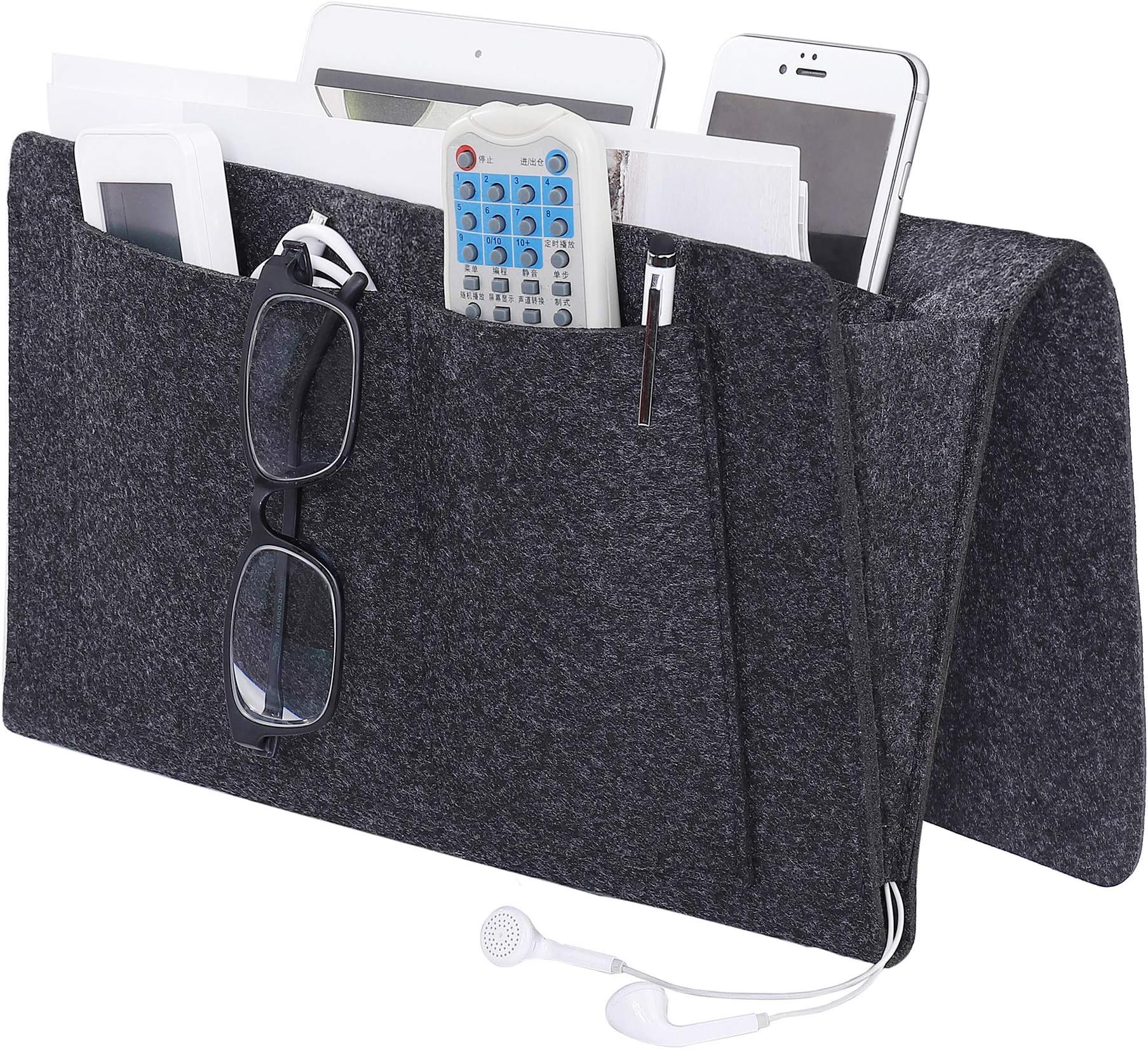 Bedside Caddy Pocket, Felt Hanging Storage Organizer, Home Sofa Desk Bed Storage Bag with Cable Holes for Sorting Magazine, Phone, Earphone, Remote, Glasses, Pen, Dark Grey
