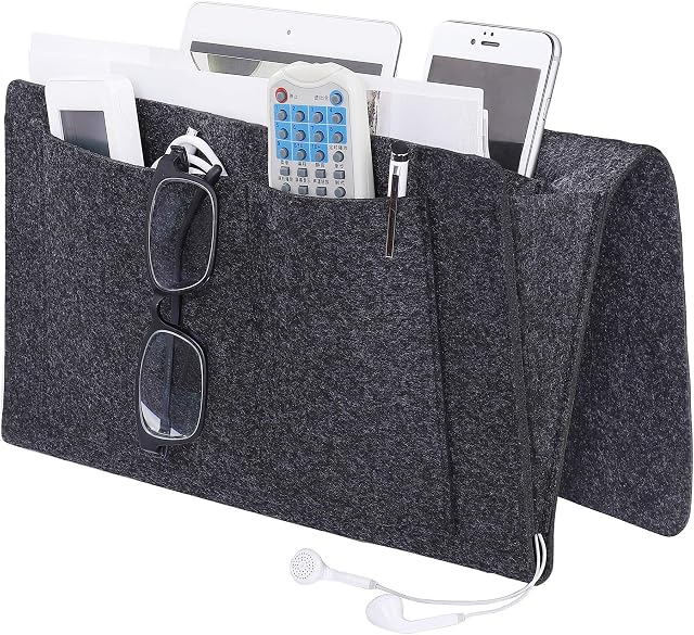 Bedside Caddy Pocket, Felt Hanging Storage Organizer, Home Sofa Desk Bed Storage Bag with Cable Holes for Sorting Magazine, Phone, Earphone, Remote, Glasses, Pen, Dark Grey