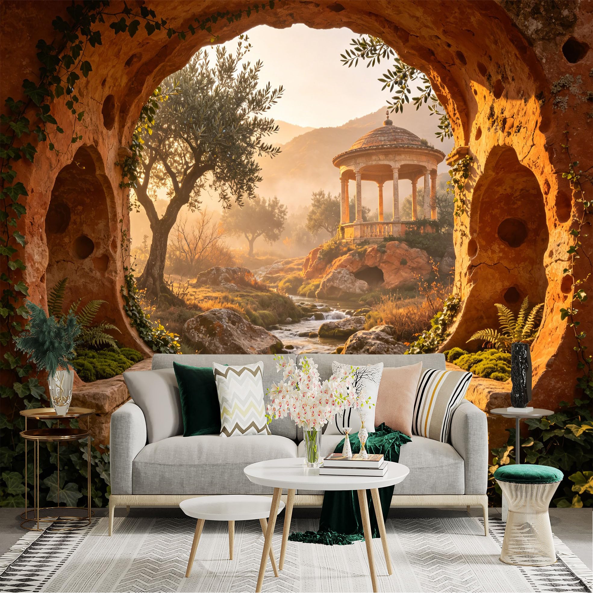 Custom Size Wall Sticker Mural， Ancient Stone Arch with Garden Stream and Pavilion Landscape， for wall Decoration， peelandstick wall Decals.