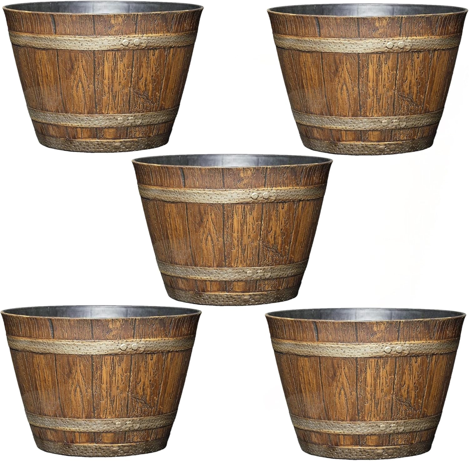 Classic Home and Garden Whiskey Resin Flower Pot Barrel Planter, Outdoor Use for Planting, Oak Brown, 9 (5 Pack)