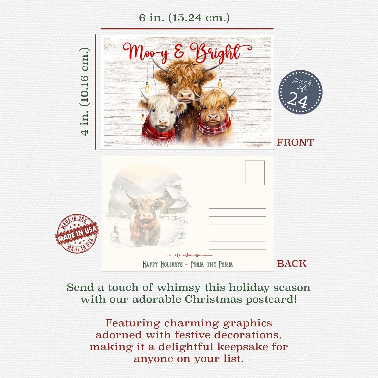 Cowbells Ring Are You Listening? - Highland Cows - Christmas Holiday Farm Animal Themed Post Card Assortment (24 included) Greeting Mutipack Bulk Lot Stamp Postcards for Mailing - Barn Lights and Silent Nights - Image 2