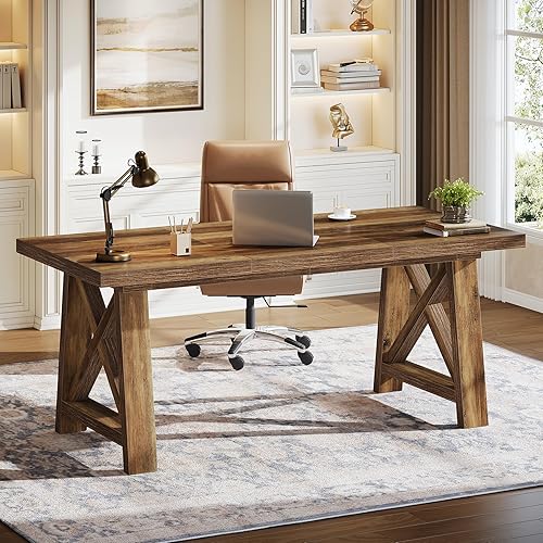 Tribesigns 63-Inch Executive Desk, Large Office Computer Desk with X-Shaped Legs, Farmhouse Wood Writing Conference Table Workstation for Home Office, Rustic Brown