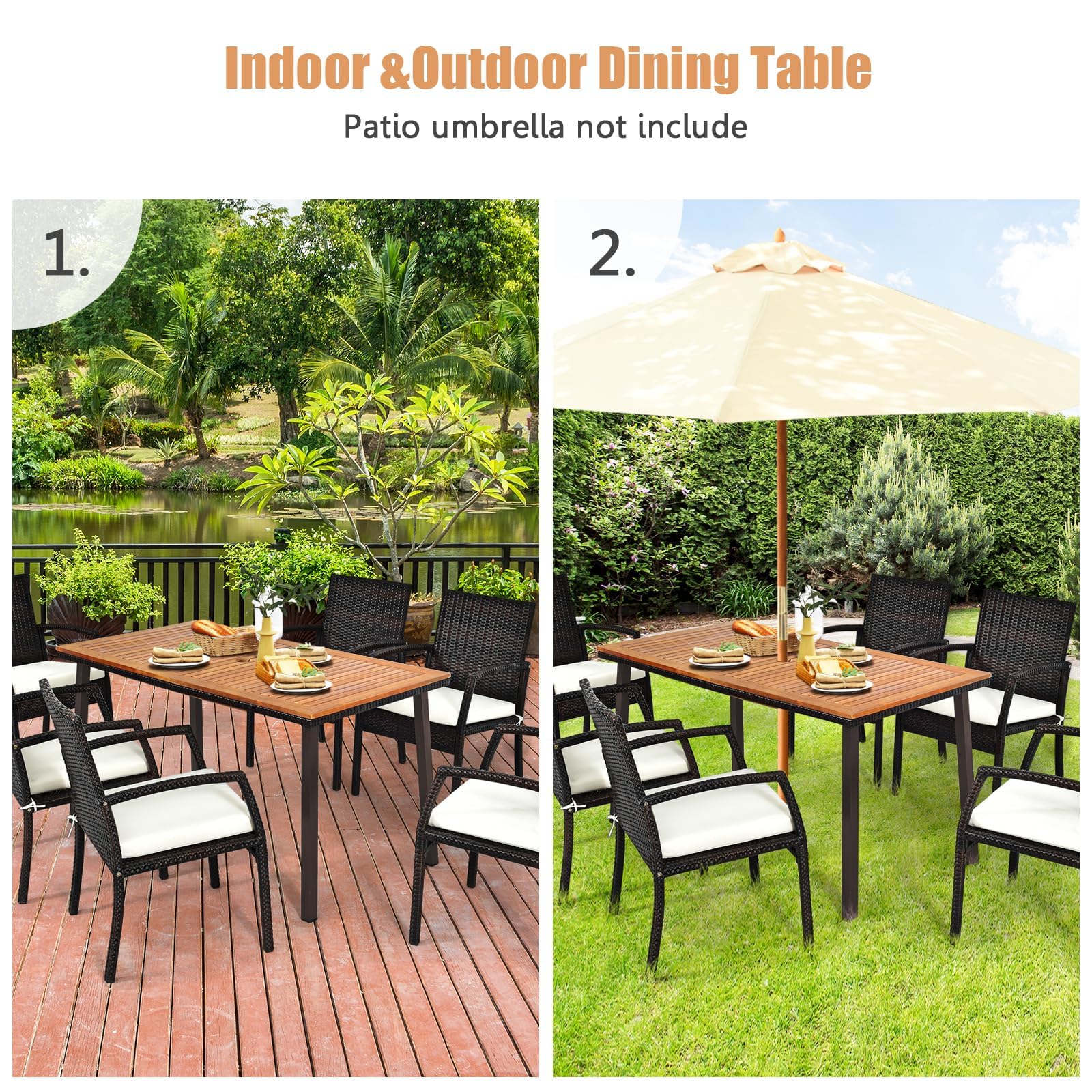 RELAX4LIFE Tavolo da Giardino in Legno di Acacia con Foro Ombrellone 6 cm, Gambe in Metallo, per 6 Persone, Design a Doghe per Esterno, Terrazza, Patio, Portata 50KG (140x75x76cm, Rettangolare)