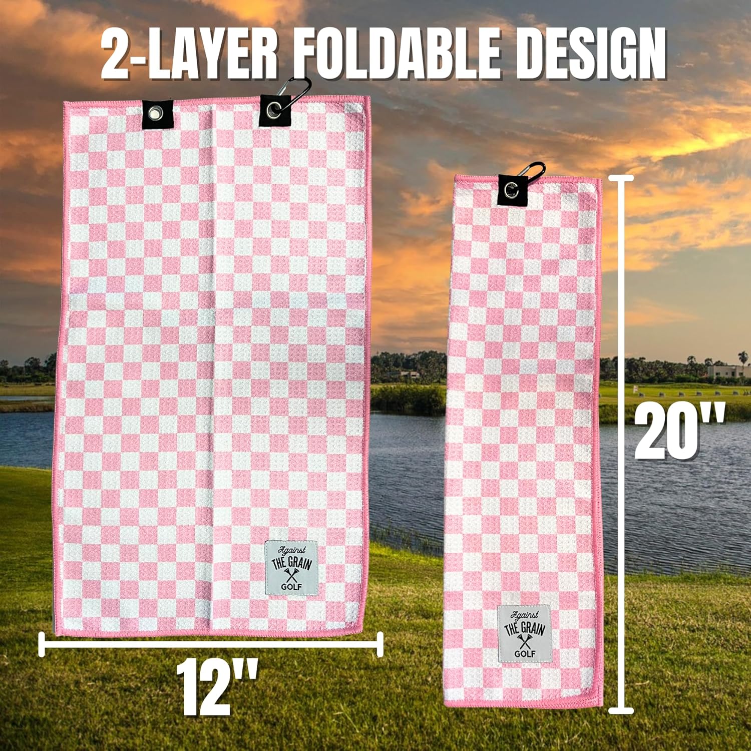 Against The Grain Microfiber Pink Golf Towel for Golf Bags Women with Clip - (12"x20") Blue & White Checkered Design Golf Club Towel, Womens Golf Towel, Golf Gifts for Women, Pink Golf Accessories - Image 4