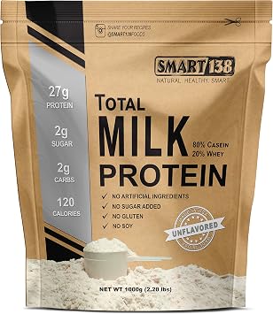 Smart138 Total Milk Protein - 80% Casein 20% Whey - RBST/rBGH Hormone Free, Gluten-Free, Soy-Free, Non-GMO, USA, Keto Low Carb, Natural BCAAs 1000g / 2.2lbs, Unflavored