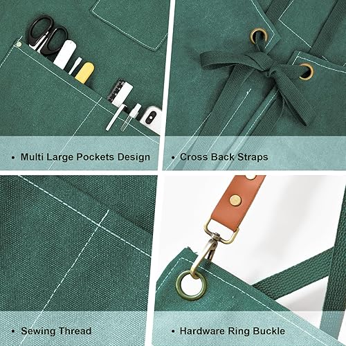 Miniatura 3 de Delantal de chef para hombres y mujeres, delantales de lona con 3 bolsillos traseros cruzados, delantal de trabajo resistente para cocinar