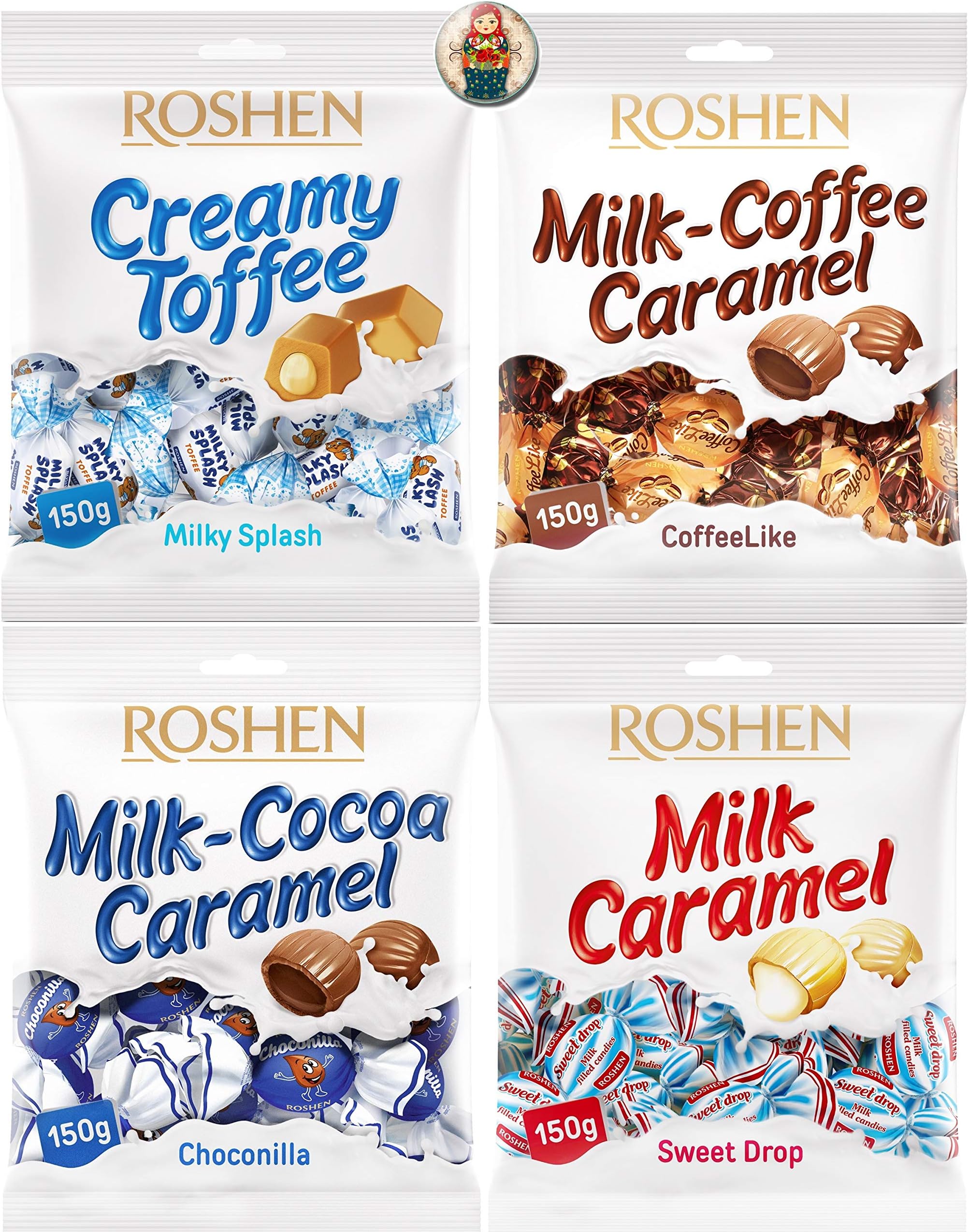 Roshen Toffee Candy Caramel Candy Soft Caramels Individually Wrapped Russian Candy Assortment: Milky Splash Soft Candy, Milk Coffee Caramel, Chocolate Covered Caramels Bundle with Ukraine Doll Magnet