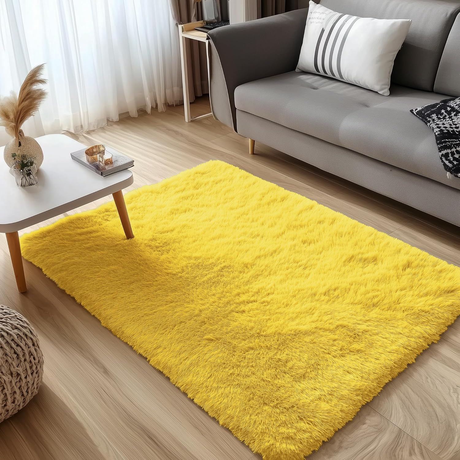 OLANLY 3x5 Machine Washable Small Bedside Rug, Soft Fluffy Shaggy Rugs for Living Room, Bedroom, Indoor Floor Carpet for Kids Girls and Boys, Preppy Dorms, Nursery, Home Decor Aesthetic, Yellow