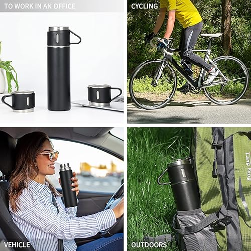 Miniatura 7 de Juego de termo de acero inoxidable de 16.9 fl oz17 onzas, botella de agua aislada con tres tazas para bebidas calientes y frías, color azul