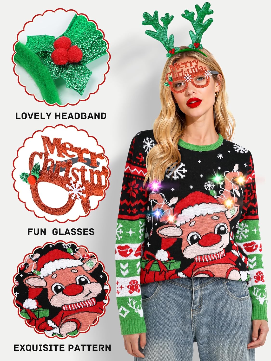 SOMSOC 3 Pack Christmas Light Up Ugly Sweaters with Glasses Hat Headband 2025 Women Men Family Xmas Tree Reindeer Outfits - Image 4