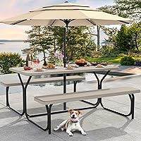 DWVO 6FT Heavy Duty Outdoor Picnic Table with Benches & Umbrella Hole - Weatherproof Resin Top, Stable Steel Frame for Yard, Patio, Lawn Parties, Light Brown