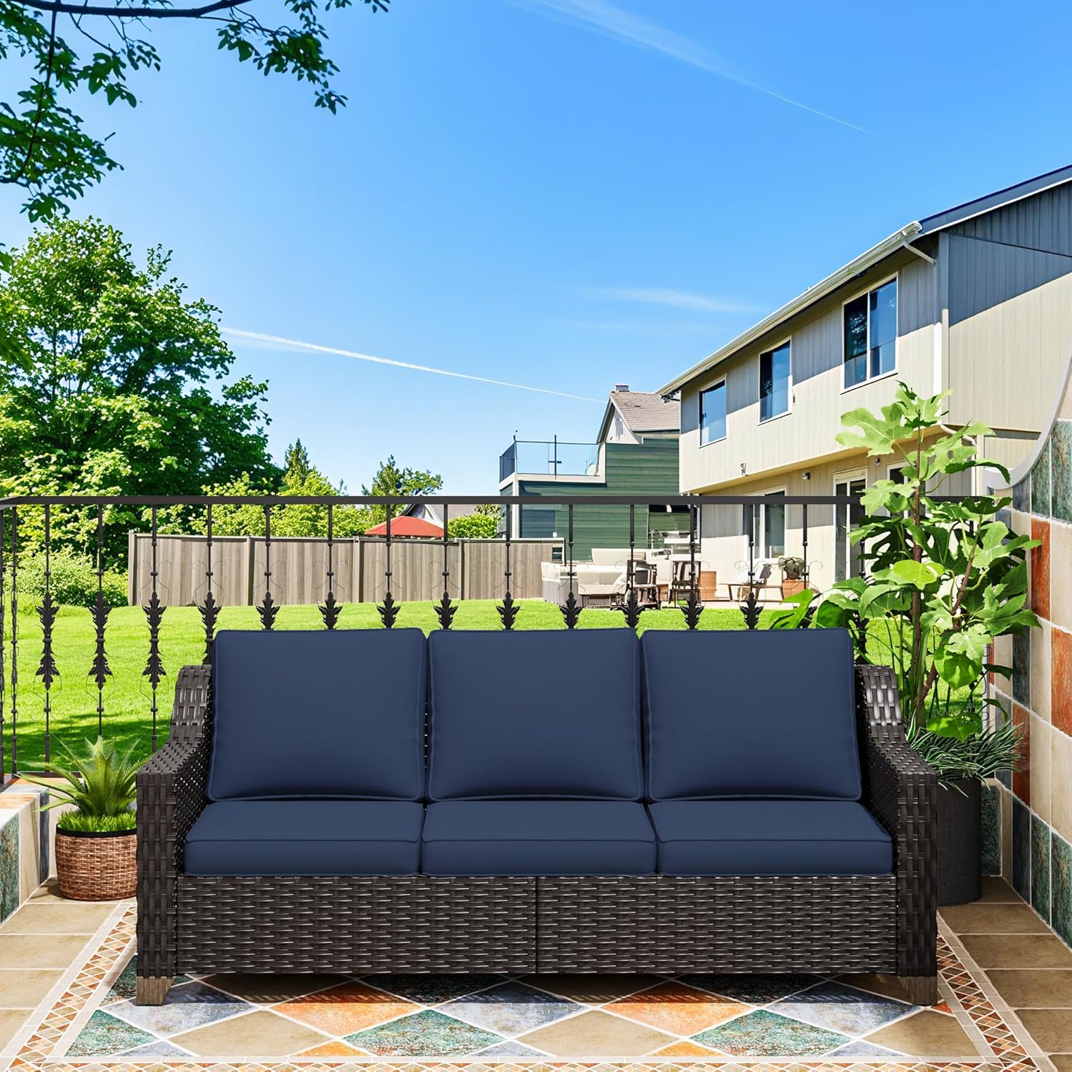 77'' Patio Sofa, All Weather Outdoor Rattan Wicker 3-Seat Sofa High Back Couch with Premium Cushions for Garden Backyard Porch(Brown/Navy)