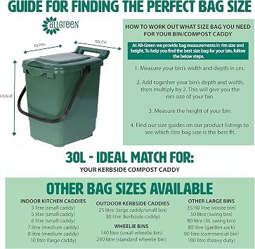 30 Litre x 40 All-Green Compostable Bags - Kitchen Kerbside Caddy Liner - Food Waste Bin Liners - EN 13432-30L Bags with Composting Guide