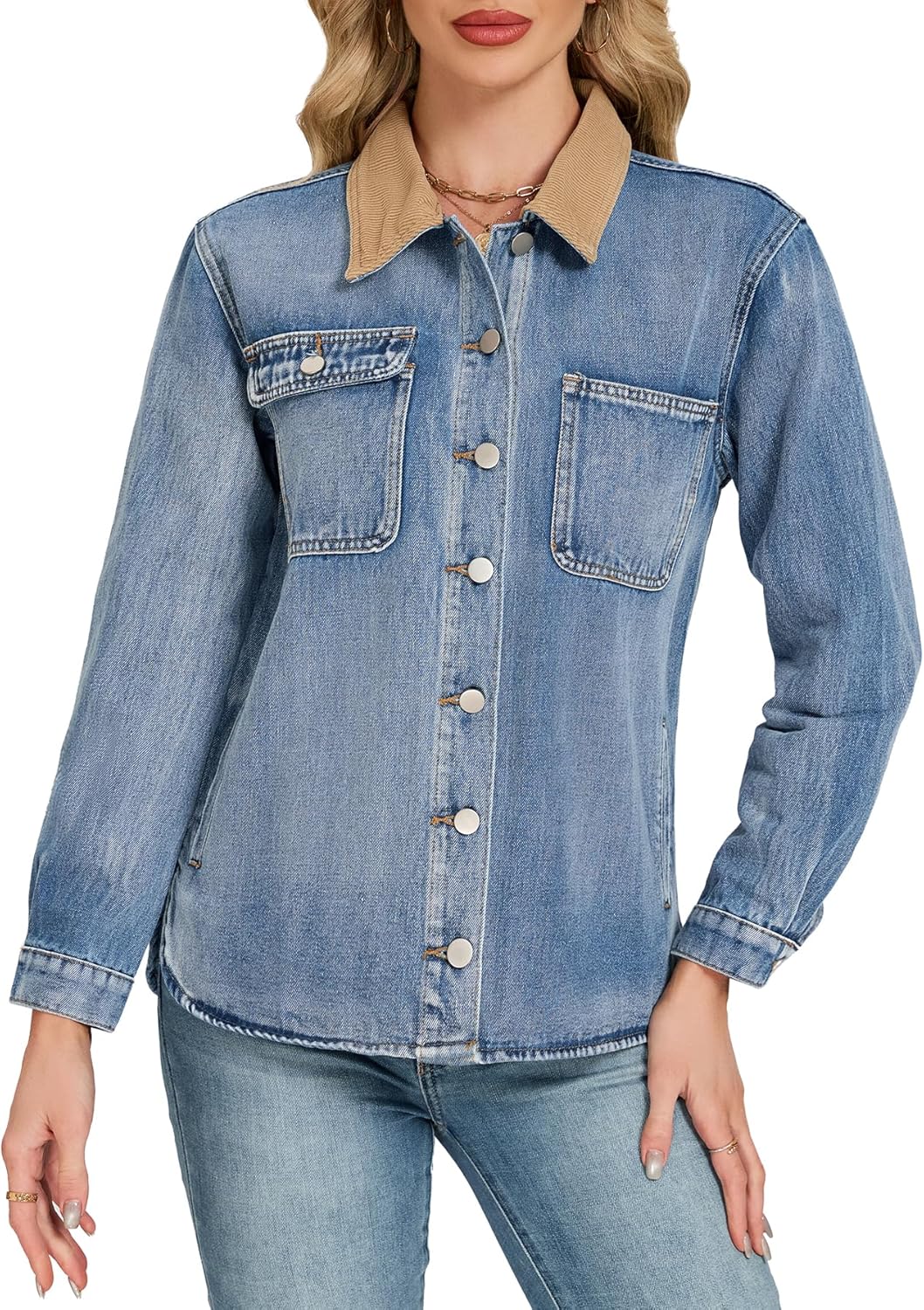 Kedera Women's Lightweight Denim Jacket Long Sleeve Jean Shacket Loose Fit Button Down Denim Shirts Casual Fall Jackets - Image 2