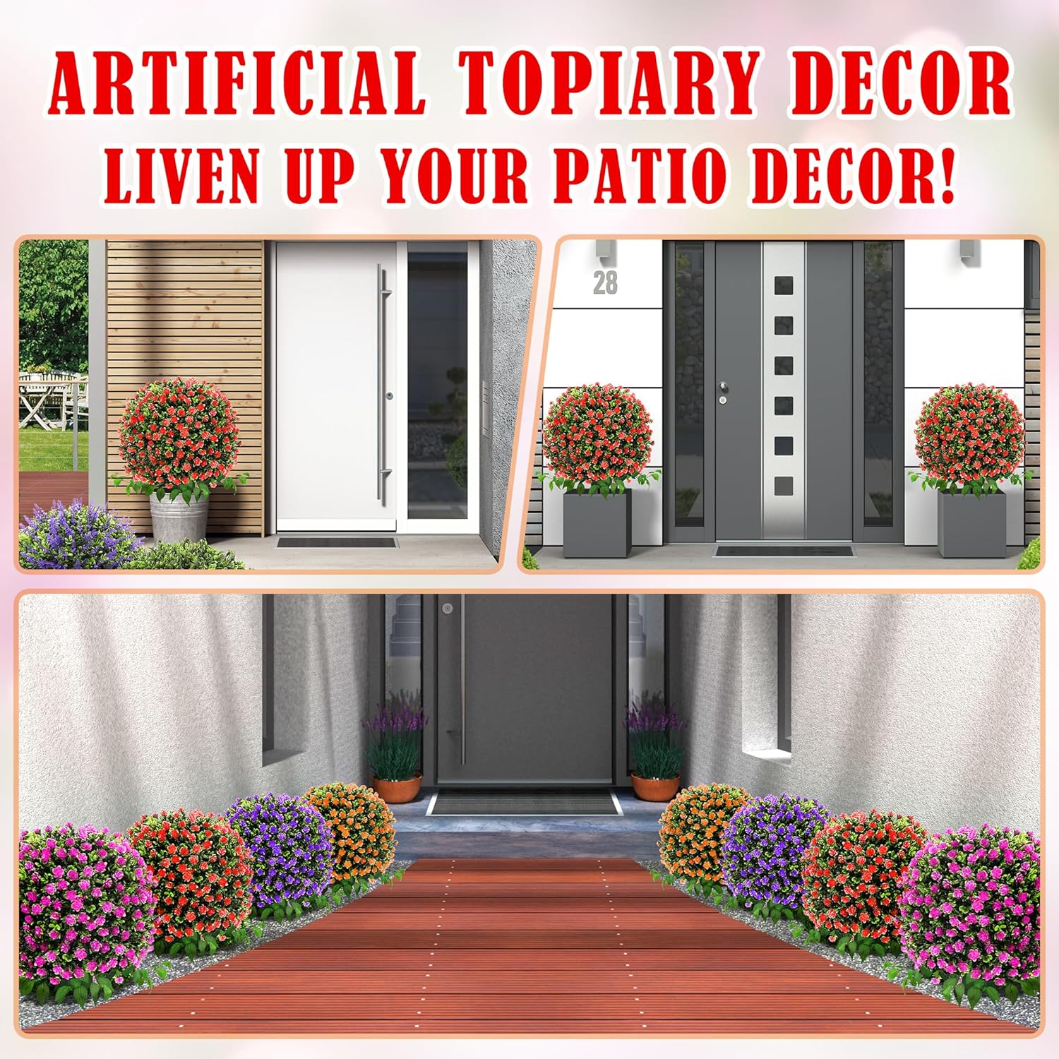 28" Artificial Boxwood Topiary Trees with Roses, 4 Pack Lifelike Evergreen Shrubs Featuring Ground Spike, Artificial Plants UV Protected for Year-Round Beauty in Indoor Outdoor Gardens and Porches - Image 2